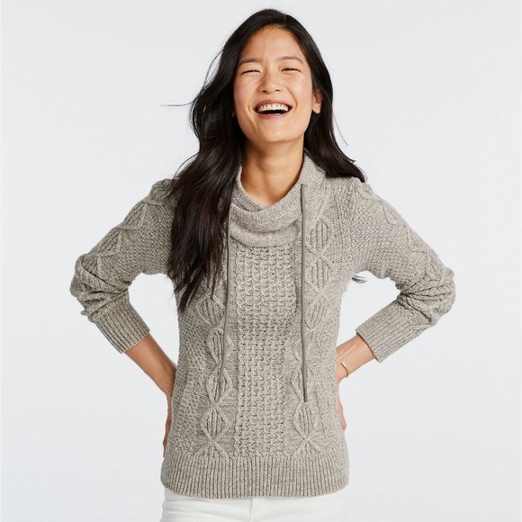 L.L.Bean Signature Fisherman Cable Knit Cotton Funnelneck Sweater Gray - Medium - Picture 2 of 14